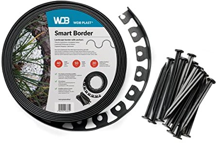 WDB Flexible Rasenkante aus Kunststoff - 20m Lang 4cm Hoch - mit 40 Befestigungsnägel - Schwarz - RAL 9005
