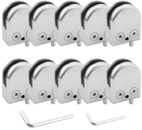 MOUYAT 10 Pcs 304 Stainless Steel Glass Clamps, 8-10mm Glass Balustrade Clamps, Adjustable Glass Shelf Brackets Flat Back for Balustrade Staircase Handrail, Mounting Hardware Included