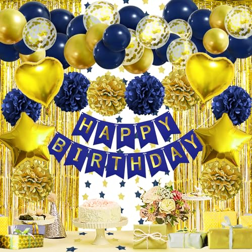 ZERODECO Geburtstagsdeko Marineblau Gold, Happy Birthday Girlande Pompons Fransen Vorhang Luftballons Geburtstagsdeko Jungen Geburtstagsdeko Herren Kindergeburtstag Deko Geburtstag Party Zubehör