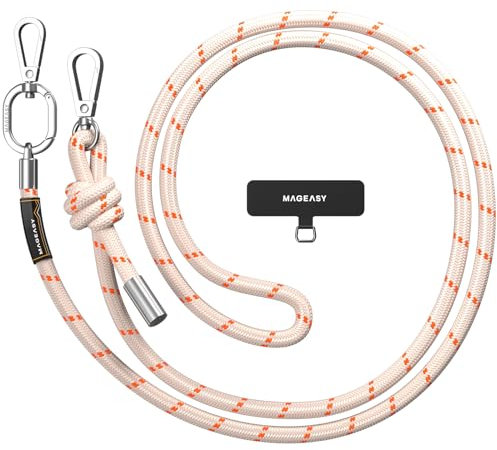 MAGEASY Crossbody Cell Phone Lanyard - Thick Rope Cell Phone Lanyard | 8.3mm Thick Universal Adjustable Phone Strap for iPhone, Samsung & More | For Traveling, Hiking, Daily Use - Beige/Orange