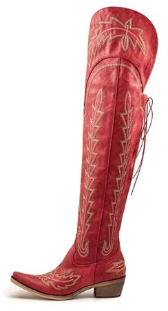 Atuelang Stivali da cowboy da donna alti fino alla coscia, stivali da cowgirl larghi al polpaccio ricamati in stile occidentale sopra il ginocchio, Rosso, 39 EU