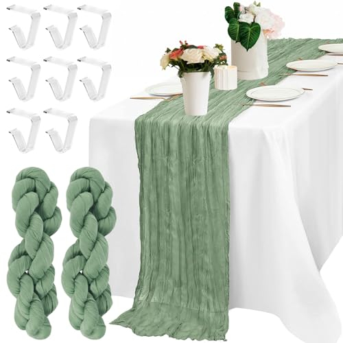 VINEST 2 Stück Tischläufer Grün 90 x 400cm, Tischläufer Salbeigrün Boho Style, Käsetuch Tischläufer Hochzeit mit 8 Tischdeckenklammern, Rustikaler Cheesecloth für Hochzeitsfeier Brautparty