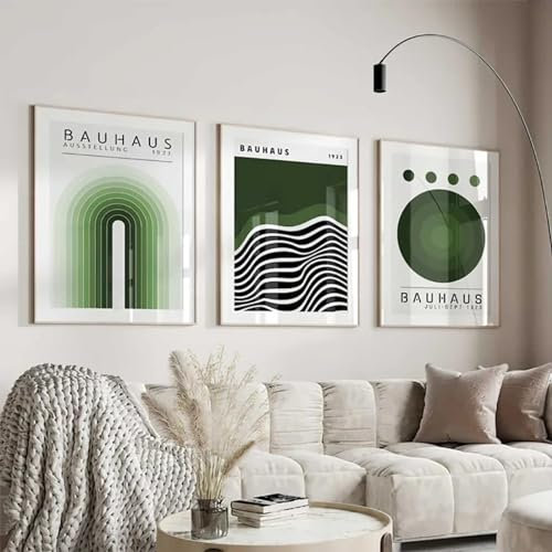 RDRDtbtr Grünes Bauhaus-Poster mit geometrischer Linie abstraktes Leinwandgemälde skandinavisch schlicht Wand Bilder Bild Wohnzimmer Heimdekoration 50 x 70 cm x 3 ungerahmt