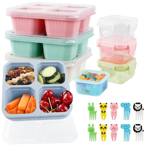 WATUNID 4 Pack Snack Containers, Bento Lunch Box with Compartments, Reusable Meal Prep Lunch Containers with 4 Snack Pots and 10 Food Picks, Divided Food Storage Container for Lunch Dinner Work Travel