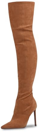 GENSHUO Stivali alti alla coscia da donna con tacco alto 11 cm, stivali lunghi sexy a punta in pelle scamosciata finta con tacco a spillo, Marrone, 41 EU