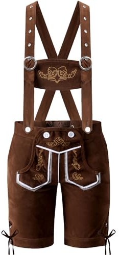 MOMBEBE COSLAND Salopette Corta in Pelle Ricamata per Bambini - Abbigliamento Oktoberfest - Marrone - 5-6 Anni (XSmall)