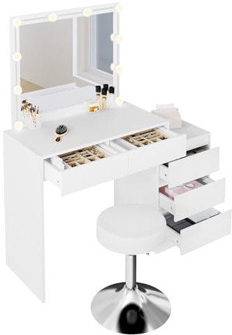 WOLTU Schminktisch mit Beleuchtung 3 Lichtfarben 5 Schubladen, Kosmetiktisch mit Spiegel und höhenverstellbarer Hocker, Make Up Tisch mit einstellbaren Helligkeiten, Seitenkommode, Weiß