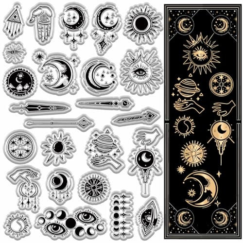 craspire Mondphasenstempel Wahrsagestempel Transparenter Stempel Sonne Magische Hand Augen Schwert Pfeil Stern Planet Astrolabium Wiederverwendbare Transparente Silikonstempel Für Halloween DIY