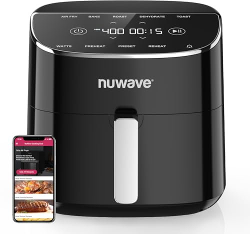 Nuwave Brio Plus Luftfritteuse, 8 Liter, neu und verbessert, neueste PFAS-Intervention, 7 digitale One-Touch-Kochfunktionen zum Frittieren, Backen, Braten, Dörren