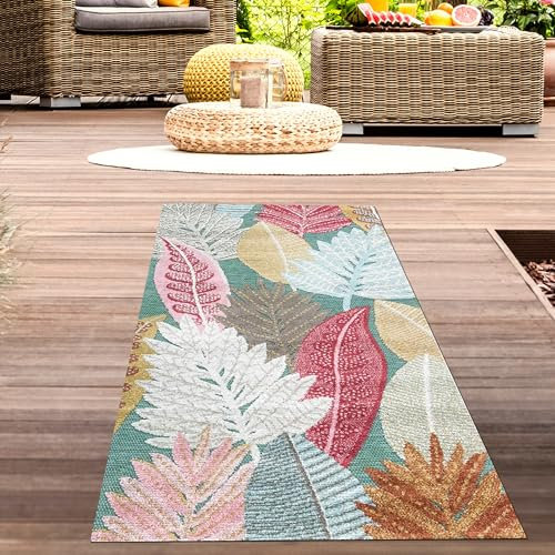 CARPETIA Outdoor Teppich Blumenmuster wetterfest für Balkon Flur Terrasse – pflegeleicht dünn robust Vintage für Eingangsbereich Creme Bunt 80 x 150 cm