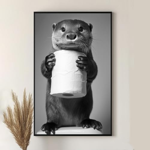 Dekomundo Süßer Otter hält Toilettenpapier Lustiger Tierdruck, Bild für Badezimmer Gäste WC Wandkunst, 40x60 cm