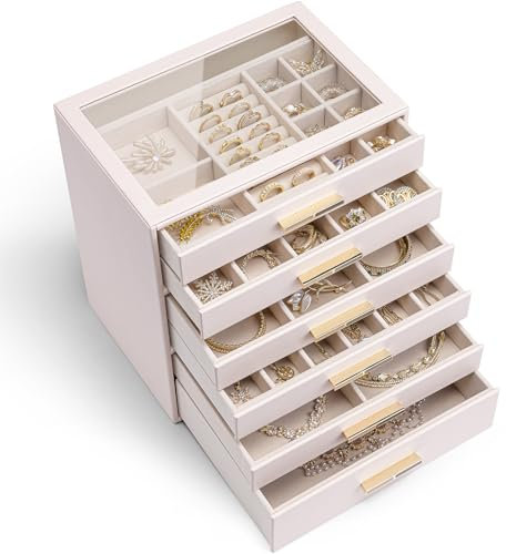 Vlando Grande boîte à bijoux à 6 niveaux avec couvercle en verre, 6 tiroirs, pour colliers, boucles d'oreilles, montres, bracelets, rangement de bijoux, moderne, Cendrillon Plus, rose