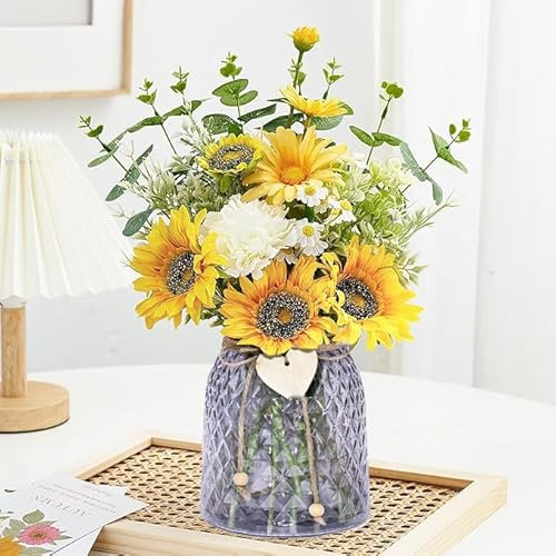 Flores Artificiales Decoracion - Girasoles Artificiales con Jarrón de Cristal, Ramos de Flores Artificiales para Decoracion Habitacion y Decoracion Hogar Salon