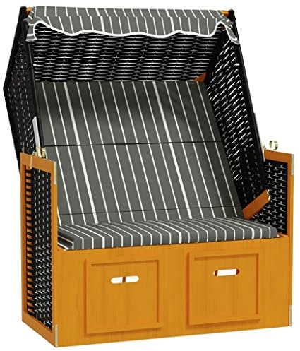 Eleganz Strandkorb mit Dach aus Poly Rattan & Massivholz - Gartenbett in Schwarz & Grau, wetterfest & langlebig für Terrasse & Garten