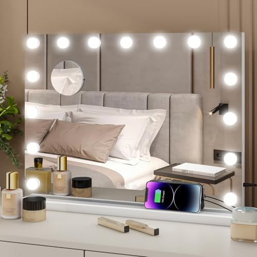 Kwanner Hollywood Schminkspiegel mit LED-Beleuchtung, 58x46cm, Schminktisch Spiegel mit Beleuchtung, 15 LED Lichter Dimmbar, 3 Farbtemperaturen, Kosmetik-Spiegel für Schlafzimmer, Weiß