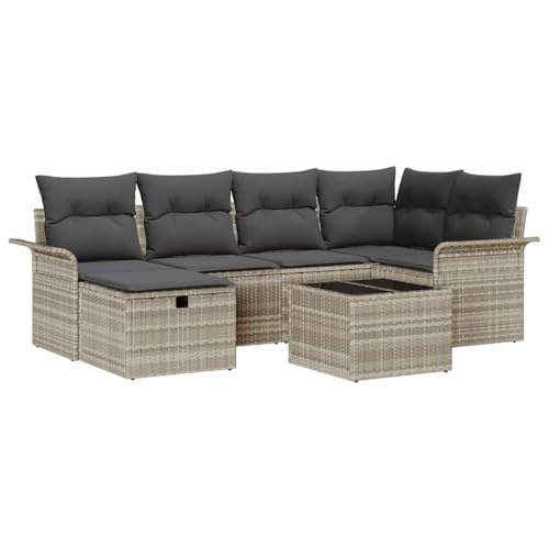 vidaXL Gartensofa-Set mit Kissen mit Speicher 7 pcs Poly Rattan, Garten und Terrasse, modernes Outdoor-Möbel, leichtes Sofa, UV-beständiges Rattan, Set mit Stauraum