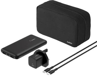 Belkin Portable Charger, 4-in-1 Power Bundle with 20000 mAh Power Bank, 25W USB-C Charging Block, 60W USB-C Cable, and Travel Pouch – Fast Charging for Multiple Devices, Compact Design for Travel