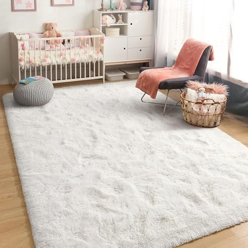 LIJIAO Kuscheliger Kurzflor Teppich 170 x 50 cm Anti-Rutsch Unterseite, Super Soft, Felloptik Hochflor Wohnzimmer Teppich für Wohnzimmer, Schlafzimmer, Weiß
