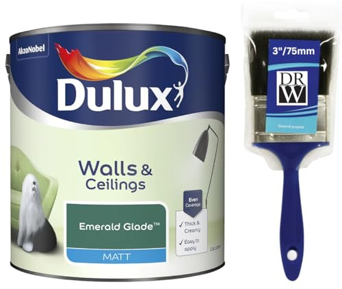 Emerald Glade Walls & Ceilings Matt Emulsion Paint 2.5L + 3 Emulsion Paint Brush – Smooth Creamy Finish, Quick Dry, Low VOC, Easy Application for Walls & Ceilings