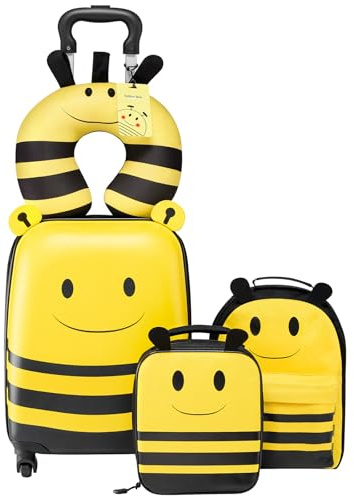 VEVOR Kids Luggage Set, 5 Piece, 18 Inch Hardside Rolling Wheels Suitcase with Backpack & U-shape Pillow, Bee Kids Carry on Luggage Set, Holiday Birthday Gift for Girls Boys, Airline Approved