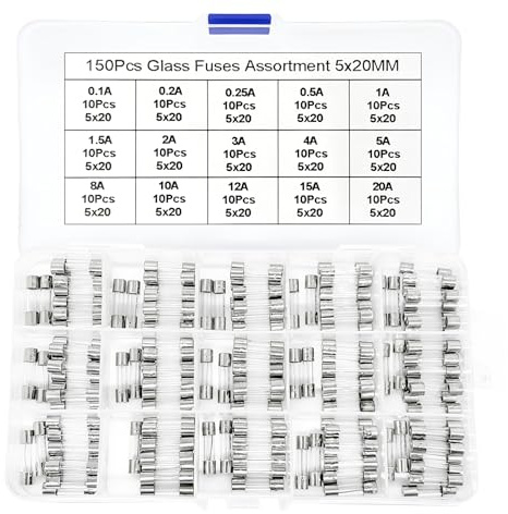 150 Pièces 15 Valeurs Assortiment de Fusibles en Verre avec Raccord Rapide, 5x20mm Fusibles à Fusion 250V 0,1 0,2 0,25 0,5 1 1,5 2 3 4 5 8 10 12 15 20A Kit de Fusible à Tube de Verre en Boîte