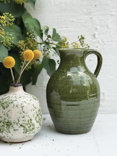 Green Glazed Jug, Green Vase, Country Jug Vase, Rustic Decorative Drinks Pitcher, Country Cottage Farmhouse Kitchen Decor