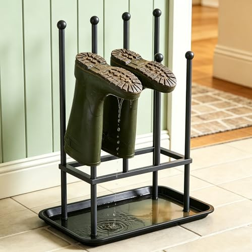 CosyInSofa 4 Pair Metal Boot Rack with Removable Drip Tray, Wellington Boot Stand for Wellies, Walking & Work Boots, Heavy Duty Boot Storage Organiser for Hallway, Porch, Utility Room & Garage