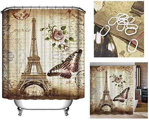 Cisixin Vintage Eiffel Torre Shower Curtain, Tenda Doccia Impermeabile e Muffa Farfalla e Fiore Poliestere Tessuto Bagno Decorazione con 12 Ganci, 180x180cm