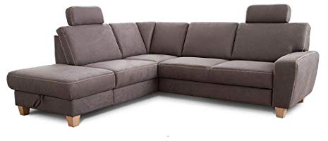 Cavadore Ecksofa Wisconsin mit Vorziehsitz / Eckcouch mit Federkern in Lederoptik / Inkl. 2 Kopfstützen + Bettkasten / Landhausstil / Holzfüße in Buche / Mikrofaser / 248 x 88 x 218 cm / Grau