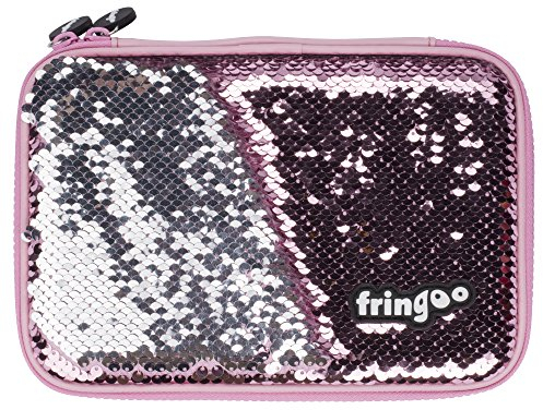 Fringoo – Kinder-Federmäppchen – Pailletten-Hartschale mit Mehreren Fächern – Silber und Pink – Schul-Organizer für Mädchen