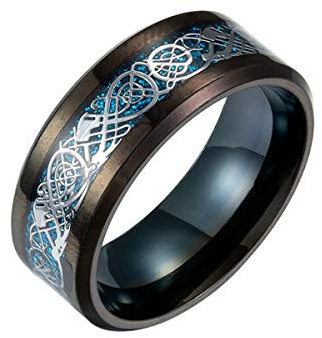 HIJONES Herren Keltischer Silberner Drache-Blau-Carbonfaser-Edelstahl-Ring-Schwarz-Ehering 8mm Größe 62