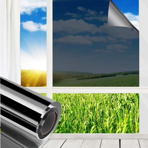MUHOO Fensterlfolie 90x400cm, Spiegelfolie Fenster Sichtschutz, 99% UV & Sonnenschutzfolie Fenster, Verdunkelungsfolie Fenster - Schwarz