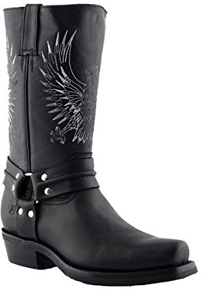 Grinders Bald Eagle Stivali da Uomo di Pelle Nera con Punta Quadrata Stile Cowboy 8