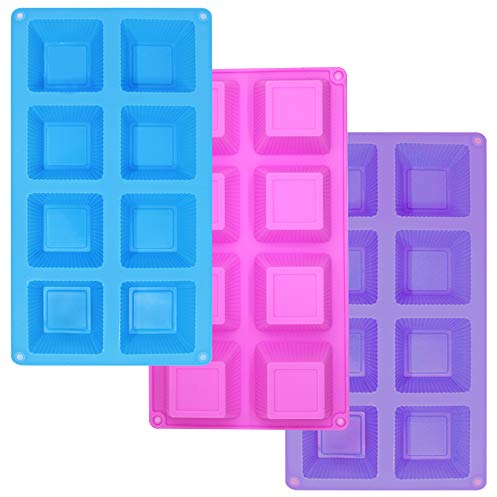 SourceTon Lot de 3 moules à gâteau carrés en silicone 8 cavités pour muffins, gâteaux à café, cupcakes, brownies, rose, violet, bleu
