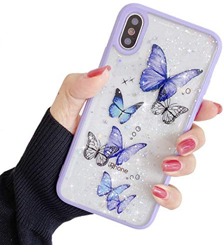 ZTUOK Compatible with iPhone Xs Max Case for Girls,Soft Slim Fit Full-Around Protective Cute Clear Sparkly Bling Star Butterfly Pattern Phone Case Glitter Cover for iPhone Xs Max-Purple