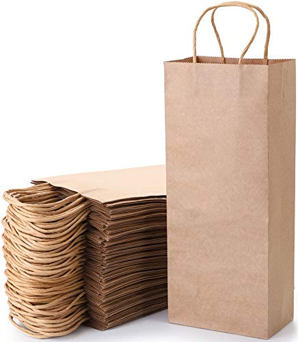WUWEOT 50 Pack Kraft Paper Bags, Recyclable Brown Wine Gift Bags with Handles, Bulk - 33 x 13.7 x 8.4 cm