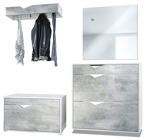 Vladon Garderobe Kolmio 190 x 185 x 33 cm Flurgarderoben Set, Made in Germany, Korpus in Weiß matt, Fronten in Beton Oxid Optik | Große Farbauswahl