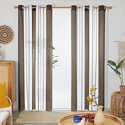 Deconovo Transparente Gardinen Wohnzimmer mit Ösen, Voile Ösenschals Boho Fensterschal Durchsichtig Nadelstreifen, 229x140 cm(HöhexBreite), Braun, 2er Set