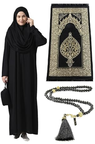 Muslim-Kleider für Frauen, One-Piece-Langarm Hijab Abaya in voller Länge islamisches Gebet Dress & Schwarz islamischer Gebetsteppich & Gebetskette, Schwarz, Standart Größen: 2-12 (XS-XXL)