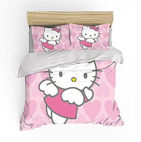 NICHIYOBI Hellokitty Bettbezug Bettwäsche Set - Bettbezug und Kissenbezug,Mikrofaser,3D Digital Print dreiteiliger Bettwäsche (9,135x200cm+ 80x80cmx2)