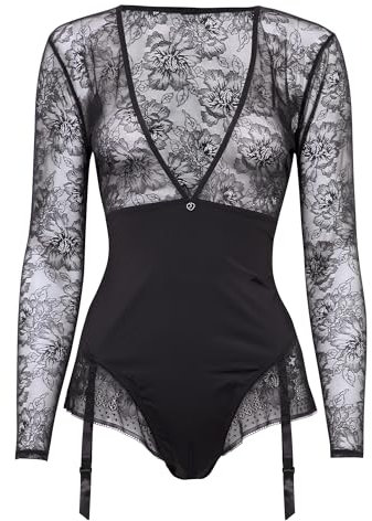 Lovehoney Lingerie Hourglass Black Sheer Floral Mesh Smoothing Long Sleeve Body - Size 6-8