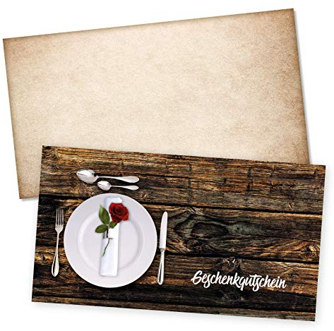 GESCHENKGUTSCHEINcom by POS-HAUER. Gutschein-Set. 50x Gutschein + Kuvert. Für Restaurant Gasthäuser Gastro, zum selbst Ausfüllen.