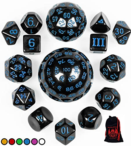 World of Dice - All-in-One Set - 15 Verschiedene polyedrische Würfel, von D100 bis D3, ideal für D&D, DSA, MTG, UVM. (blau)