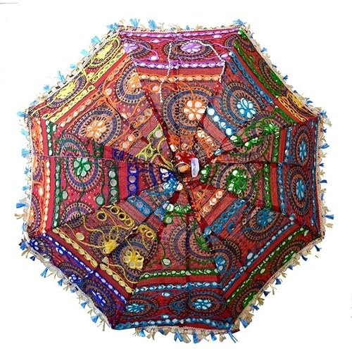 Arise Export - Sombrilla decorativa india hecha a mano decorativa de algodón con espejo de trabajo, protección UV, sombrilla bohemia, paraguas bohemio indio de boda, paraguas multicolor, paraguas 003