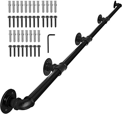 FSHIHINE Stair Handrail, 4.6m Handrails for Stairs Indoor & Outdoor Wall Mount Grab Bar Railing Support Kit, Heavy Duty Balustrades Staircase for Steps Deck Rail Industrial Galvanized Black Metal Pipe