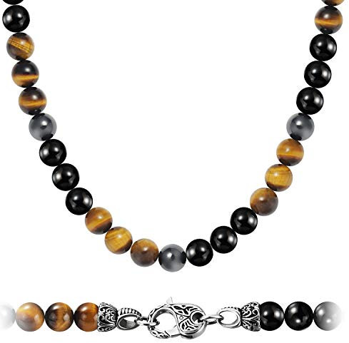 WESTMIAJW Mens Hematite Tiger Eye Onyx Beads Beaded Necklace Chain Natural Gemstones Jewellery 50cm