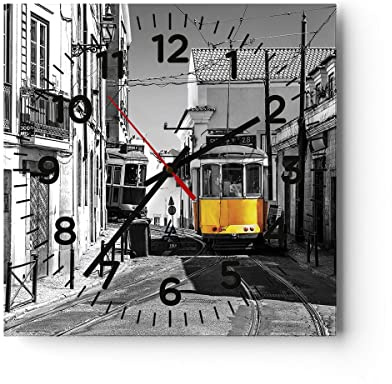 Modern Wanduhr Straßenbahn Portugal Lissabon 30x30cm Quadrat Klein Wand Uhr Glas Analog Zimmeruhren Küche Büro Wohnzimmer Glasuhr Wall Clock Dekoration Design Wanddekoration Küchenuhr C4AC30x30-4977