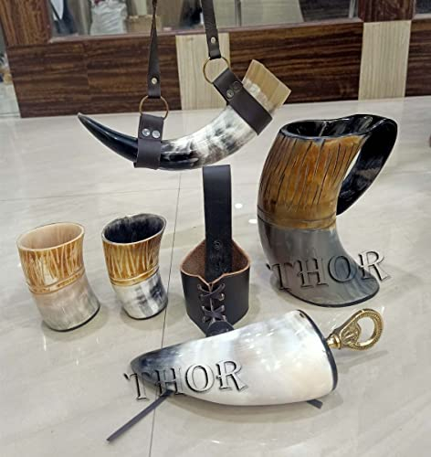 Handcrafted Tankard for Beer Mead Wine Viking Drinking Horn Set Authentic Ox-Horn Drinking Mug with Horn Belt Holster /Shot Cup/ Bottle Opener /For Gift Rustic Vintage Home Decor Gifts