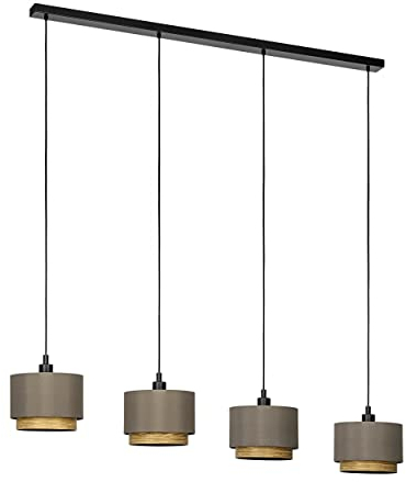 EGLO Pendelleuchte Esstisch Marchena, 4-flammige Hängelampe für Wohnzimmer und Esszimmer, Esszimmerlampe aus Textil in Cappuchino und Holz in Eiche-Optik, Lampe hängend mit E27 Fassung