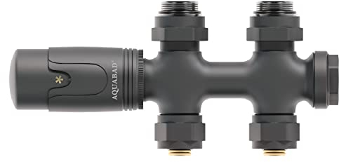 Aquabad® Heizkörper Multiblock mit Thermostat für 50mm Mittelanschluss, Anthrazit - Durchgangsform inkl. Adapter für Verschraubungen 15mm Kupferrohre & Standardverschraubung 16mm PEX